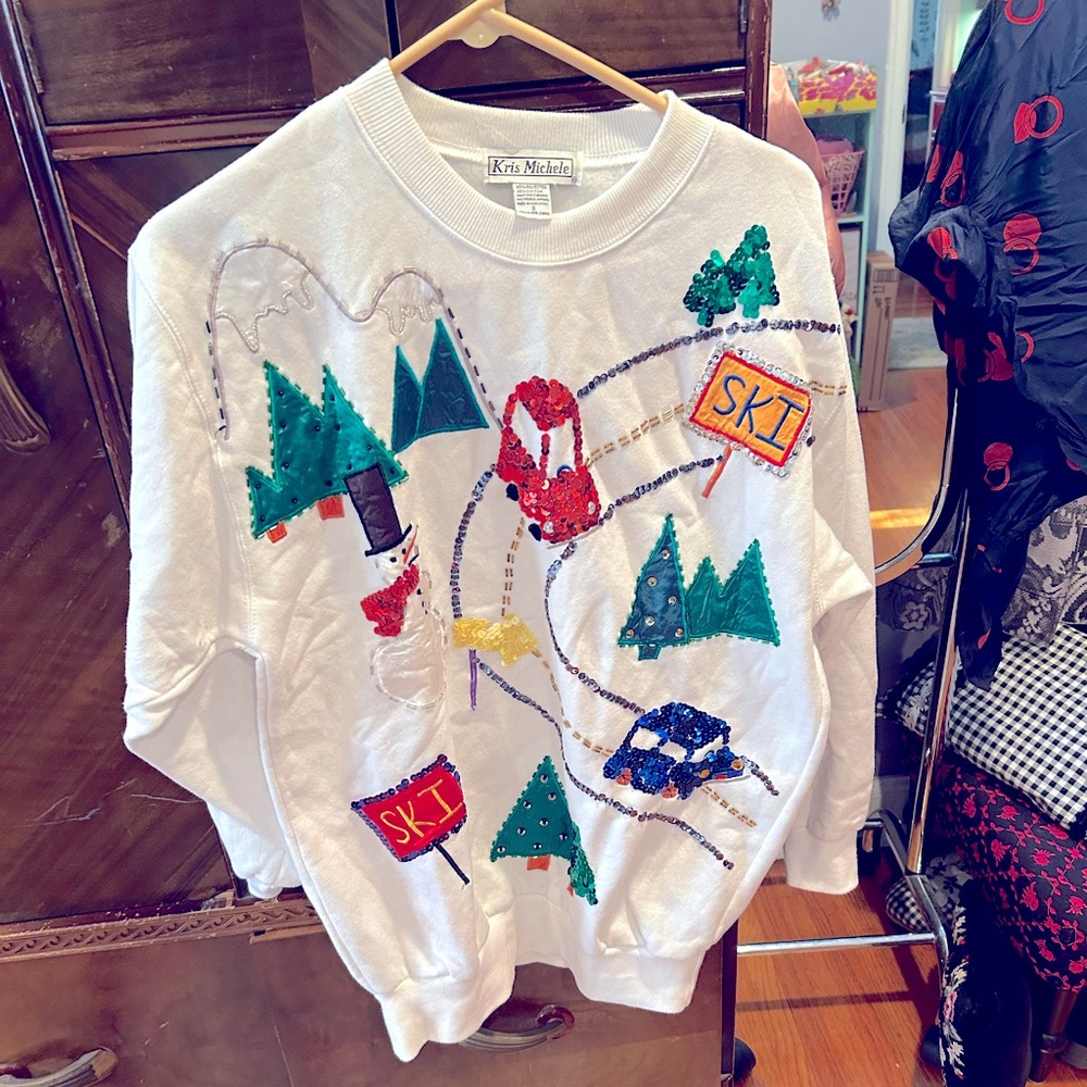 Vintage sequined ski winter scene themed holiday sweatshirt small ugly sweater